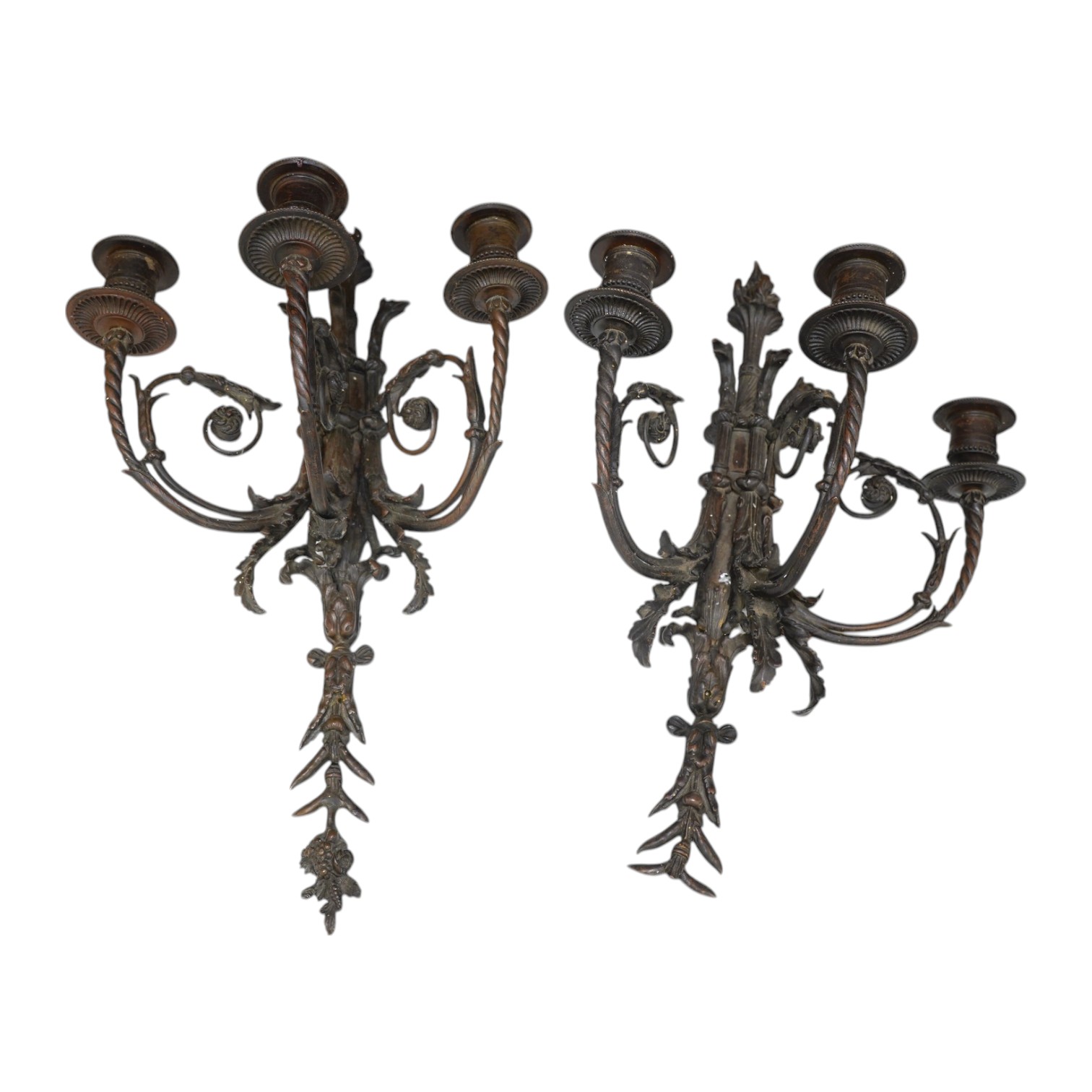 Two, three branch ornate metal sconces, tallest 46cm high. Condition - one has piece missing from the end